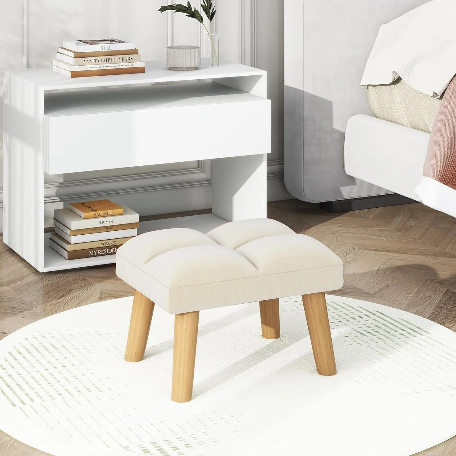 YMYNY Footstool, Small Ottoman Stool Chair with Wooden Legs, Modern Padded Sofa Seat Foot Rest Stool, Velvet Foot Stool, Sofa Footrest for Living Room Entryway 15.74"D×11.81"W×10.62"H Beige UHBD032M