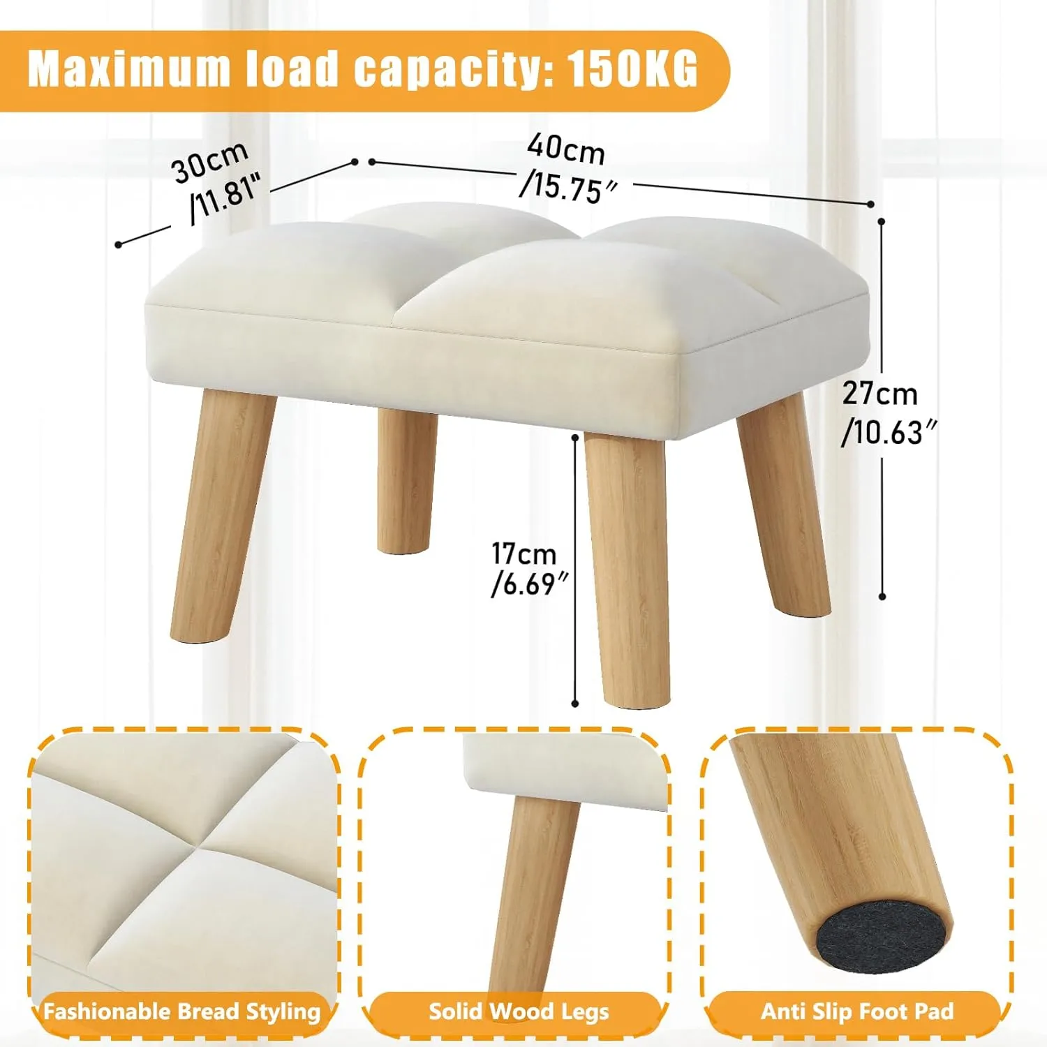 YMYNY Footstool, Small Ottoman Stool Chair with Wooden Legs, Modern Padded Sofa Seat Foot Rest Stool, Velvet Foot Stool, Sofa Footrest for Living Room Entryway 15.74"D×11.81"W×10.62"H Beige UHBD032M