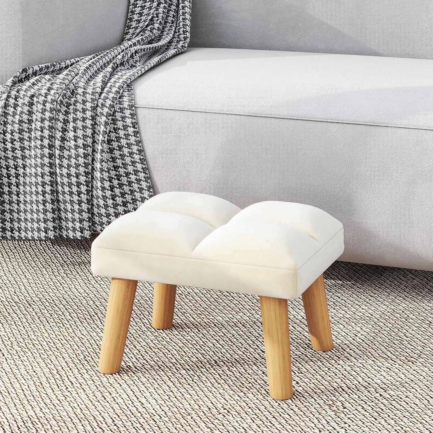 YMYNY Footstool, Small Ottoman Stool Chair with Wooden Legs, Modern Padded Sofa Seat Foot Rest Stool, Velvet Foot Stool, Sofa Footrest for Living Room Entryway 15.74"D×11.81"W×10.62"H Beige UHBD032M