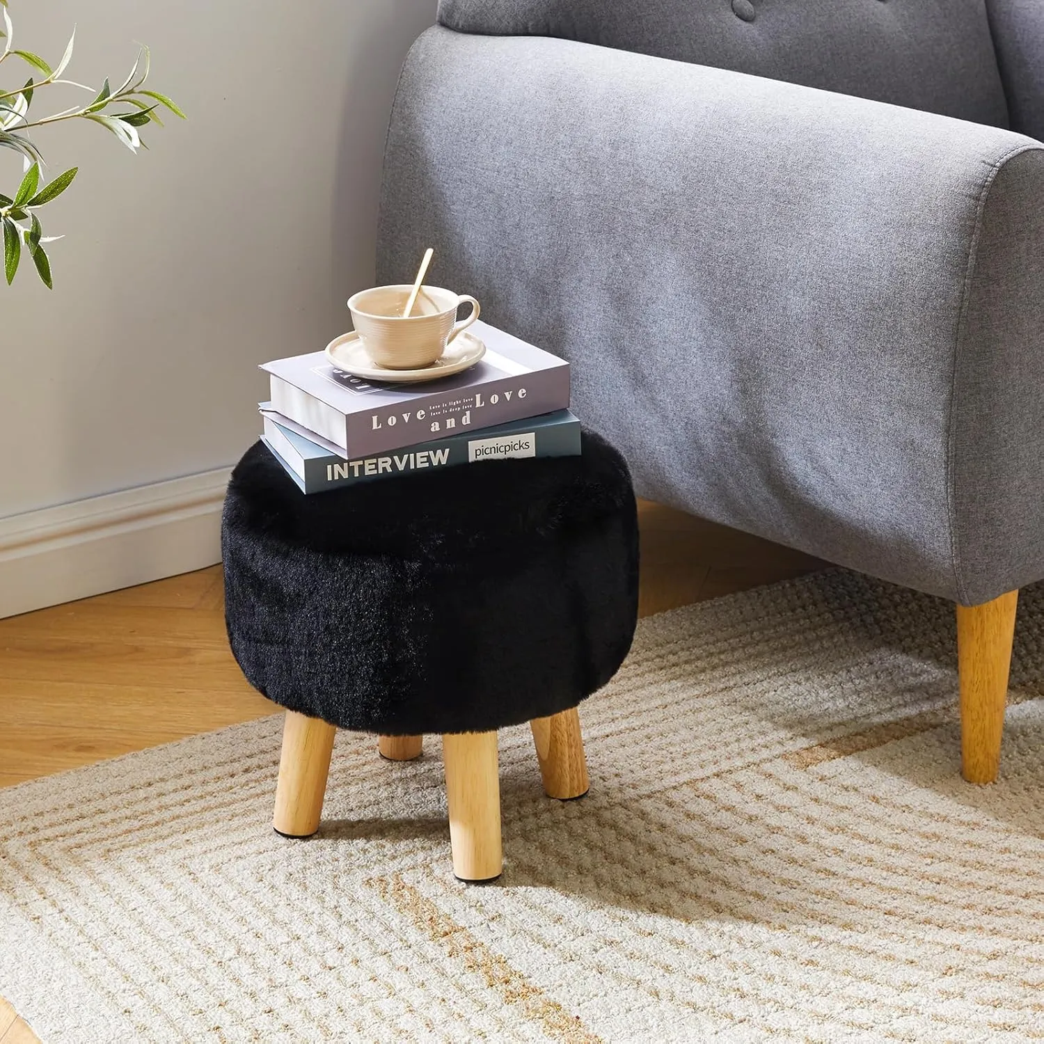 YMYNY Ottoman, Modern Footrest with Soft Padded Seat, Foot Stool with Wood Legs, Small Round Accent Small Table for Living Room Bedroom Office 12.6" D×12.6" W×12.6" H Black UHBD035B
