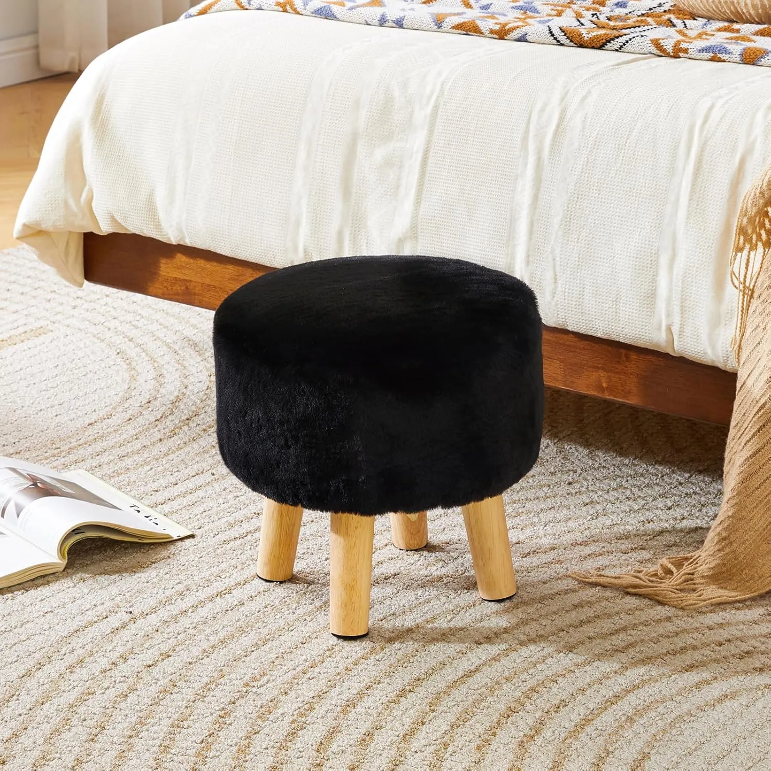 YMYNY Ottoman, Modern Footrest with Soft Padded Seat, Foot Stool with Wood Legs, Small Round Accent Small Table for Living Room Bedroom Office 12.6" D×12.6" W×12.6" H Black UHBD035B