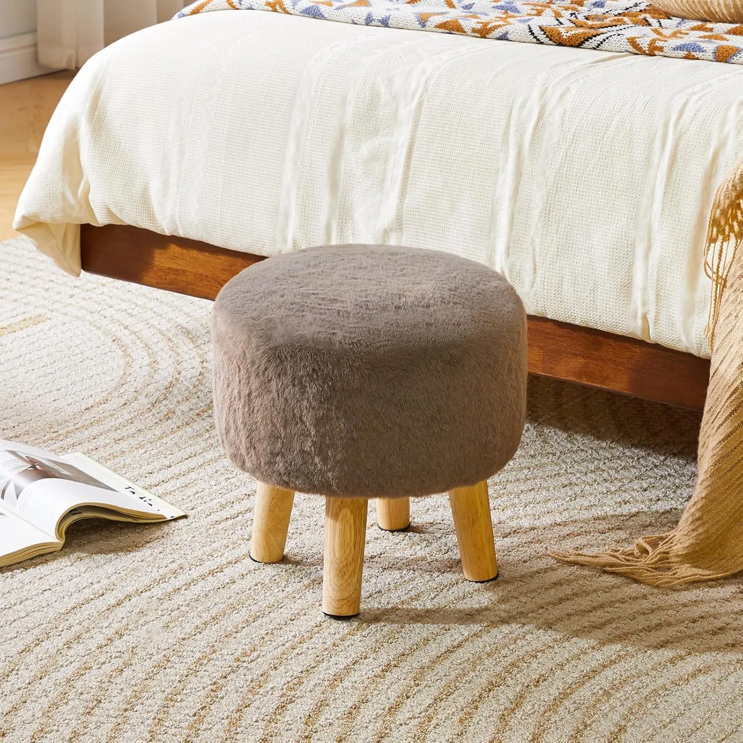 YMYNY Ottoman, Modern Footrest with Soft Padded Seat, Foot Stool with Wood Legs, Small Round Accent Small Table for Living Room Bedroom Office 12.6" D×12.6" W×12.6" H Brown UHBD035GR