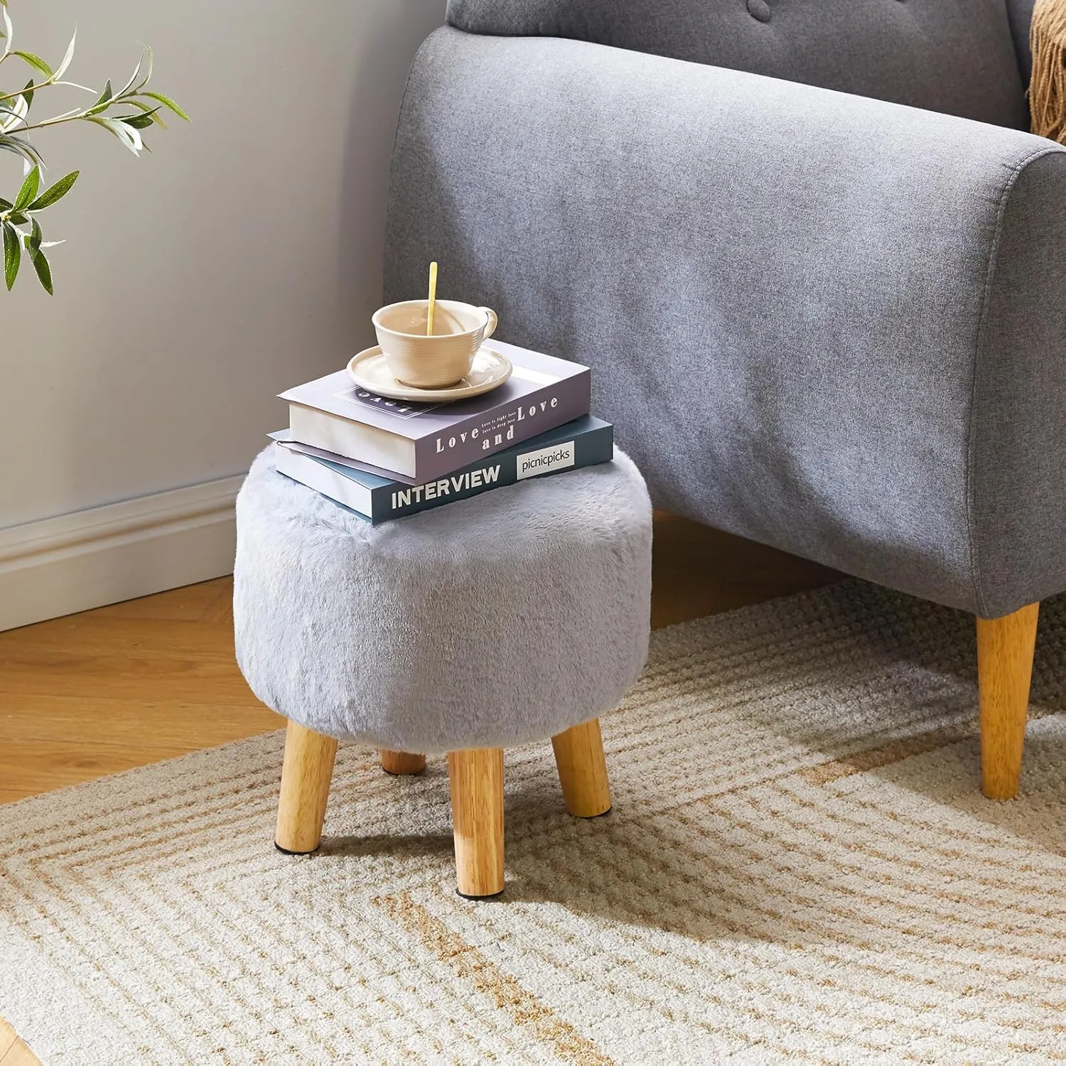 YMYNY Ottoman, Modern Footrest with Soft Padded Seat, Foot Stool with Wood Legs, Small Round Accent Small Table for Living Room Bedroom Office 12.6" D×12.6" W×12.6" H Grey UHBD035G