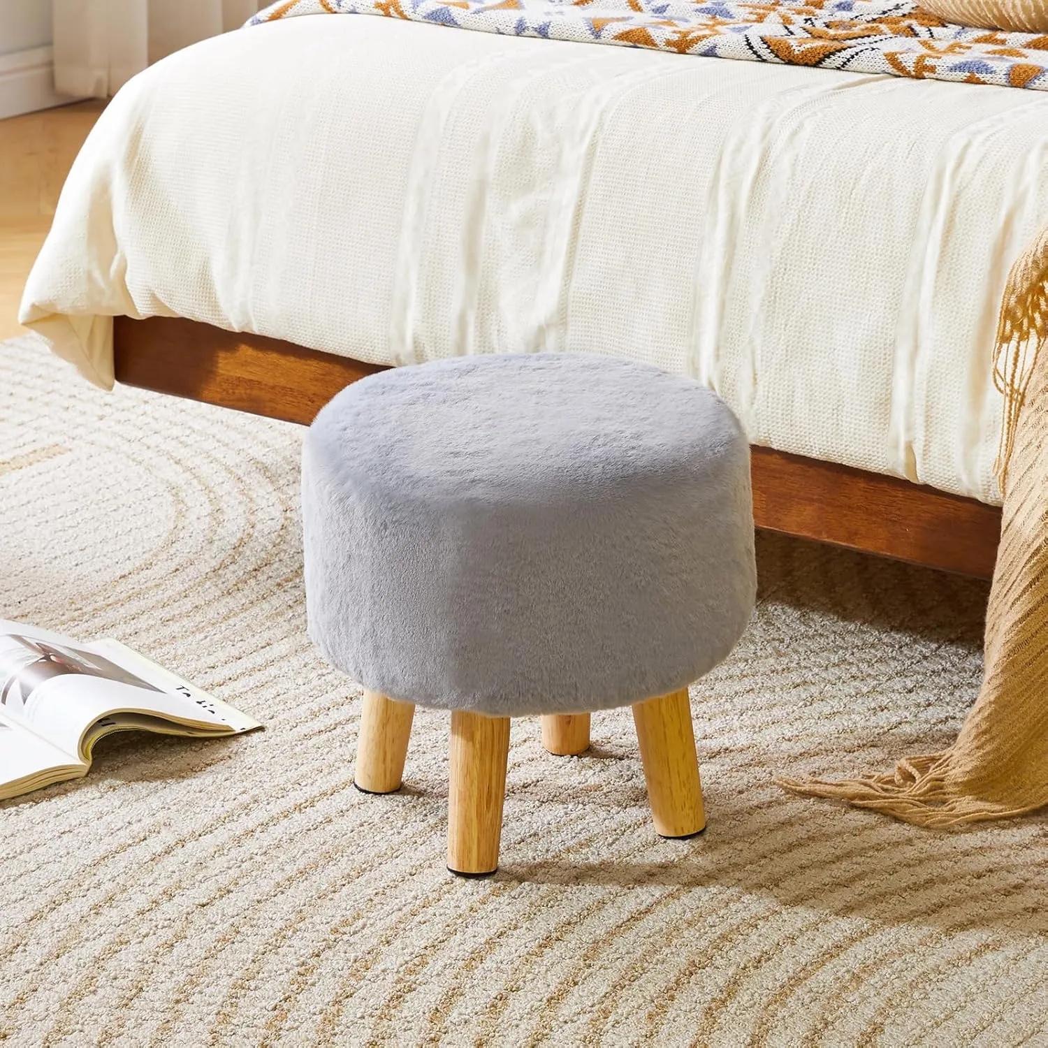 YMYNY Ottoman, Modern Footrest with Soft Padded Seat, Foot Stool with Wood Legs, Small Round Accent Small Table for Living Room Bedroom Office 12.6" D×12.6" W×12.6" H Grey UHBD035G