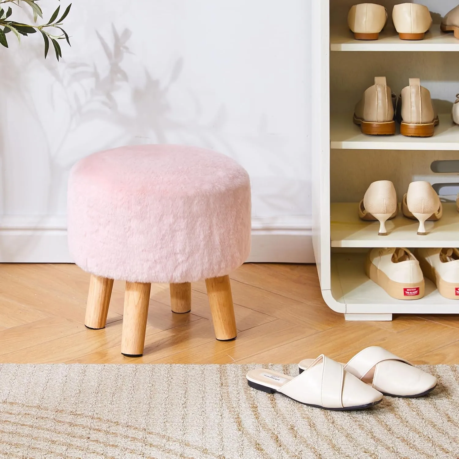 YMYNY Ottoman, Modern Footrest with Soft Padded Seat, Foot Stool with Wood Legs, Small Round Accent Small Table for Living Room Bedroom Office 12.6" D×12.6" W×12.6" H Pink UHBD035P
