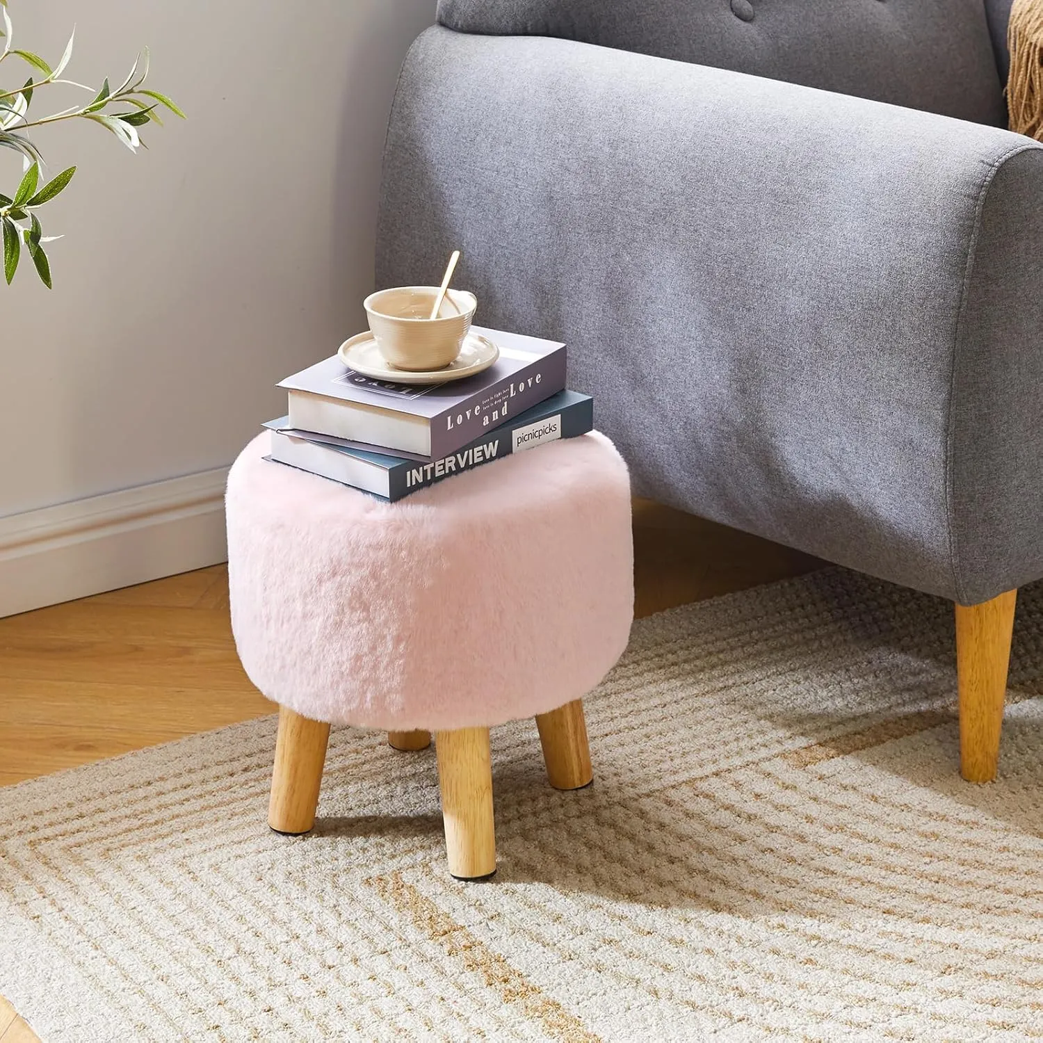 YMYNY Ottoman, Modern Footrest with Soft Padded Seat, Foot Stool with Wood Legs, Small Round Accent Small Table for Living Room Bedroom Office 12.6" D×12.6" W×12.6" H Pink UHBD035P