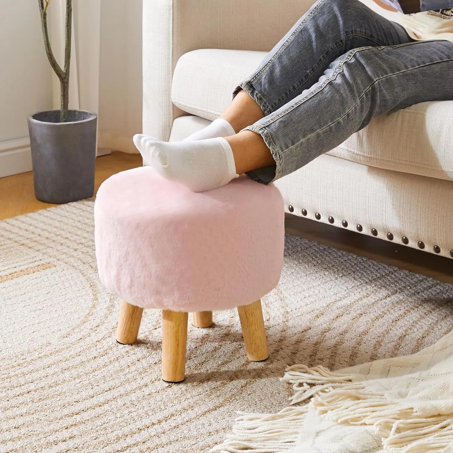 YMYNY Ottoman, Modern Footrest with Soft Padded Seat, Foot Stool with Wood Legs, Small Round Accent Small Table for Living Room Bedroom Office 12.6" D×12.6" W×12.6" H Pink UHBD035P