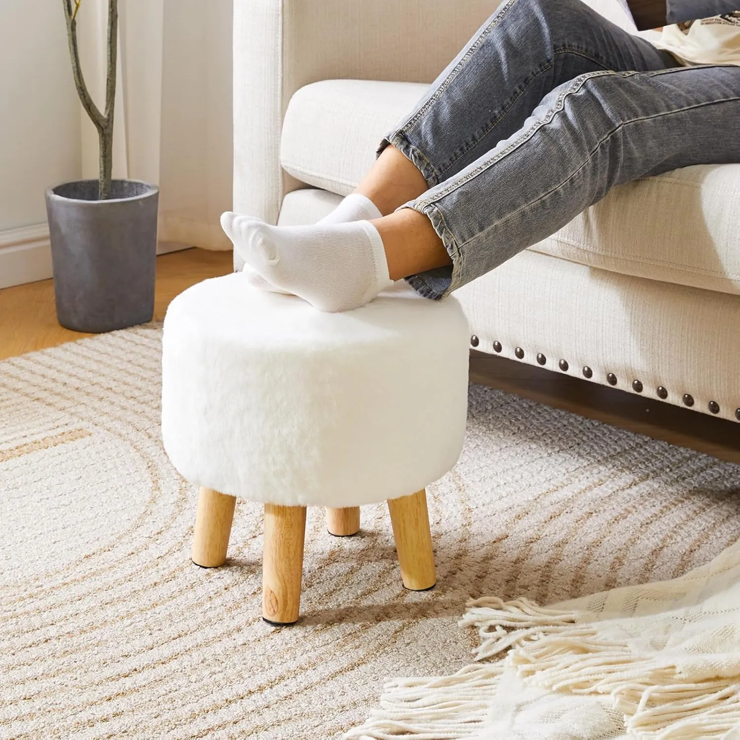 YMYNY Ottoman, Modern Footrest with Soft Padded Seat, Foot Stool with Wood Legs, Small Round Accent Small Table for Living Room Bedroom Office 12.6" D×12.6" W×12.6" H White UHBD035W