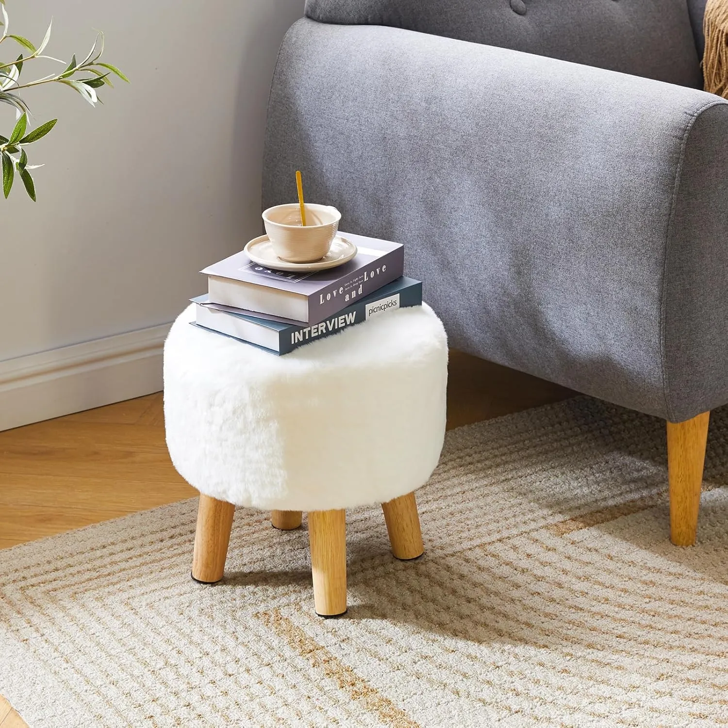 YMYNY Ottoman, Modern Footrest with Soft Padded Seat, Foot Stool with Wood Legs, Small Round Accent Small Table for Living Room Bedroom Office 12.6" D×12.6" W×12.6" H White UHBD035W
