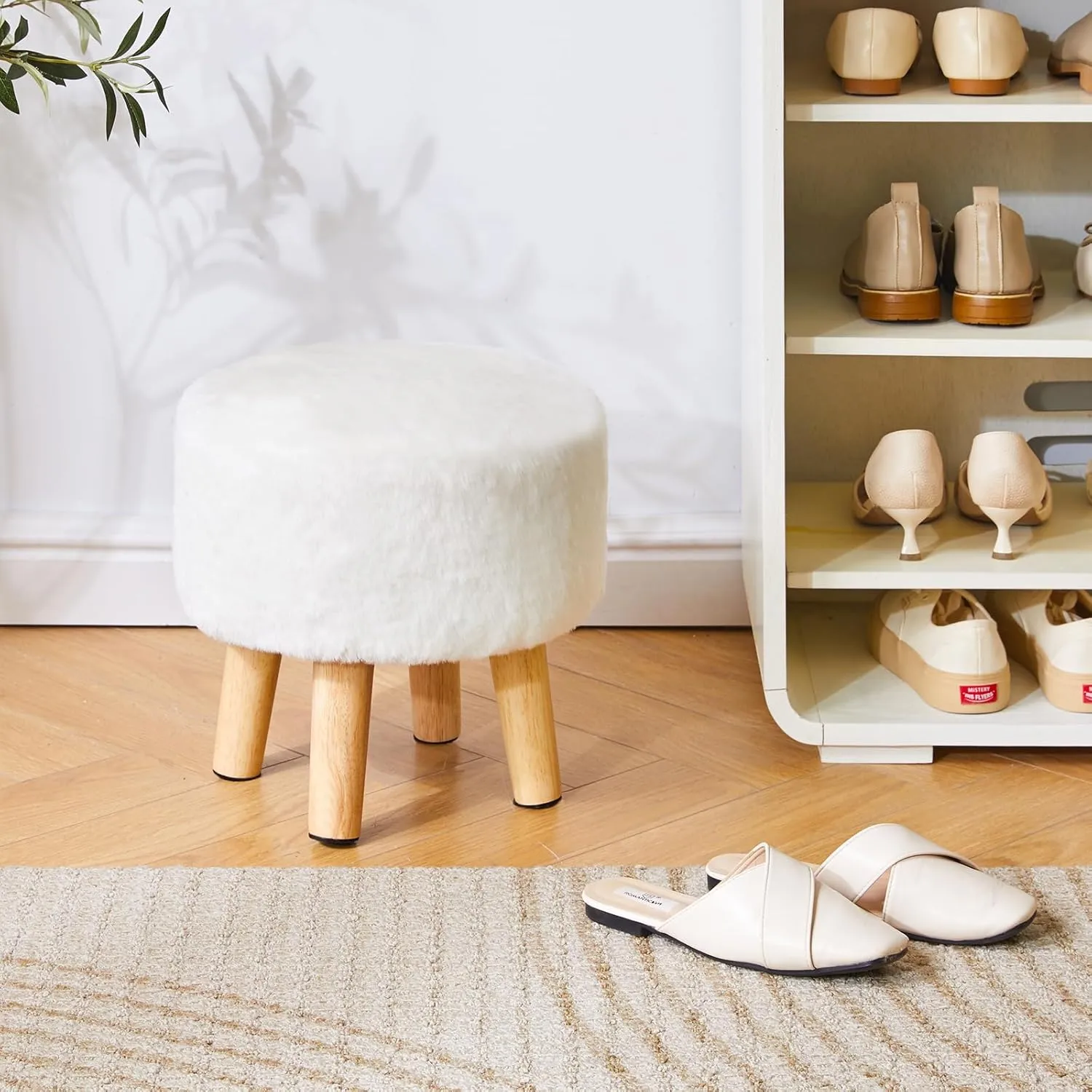 YMYNY Ottoman, Modern Footrest with Soft Padded Seat, Foot Stool with Wood Legs, Small Round Accent Small Table for Living Room Bedroom Office 12.6" D×12.6" W×12.6" H White UHBD035W