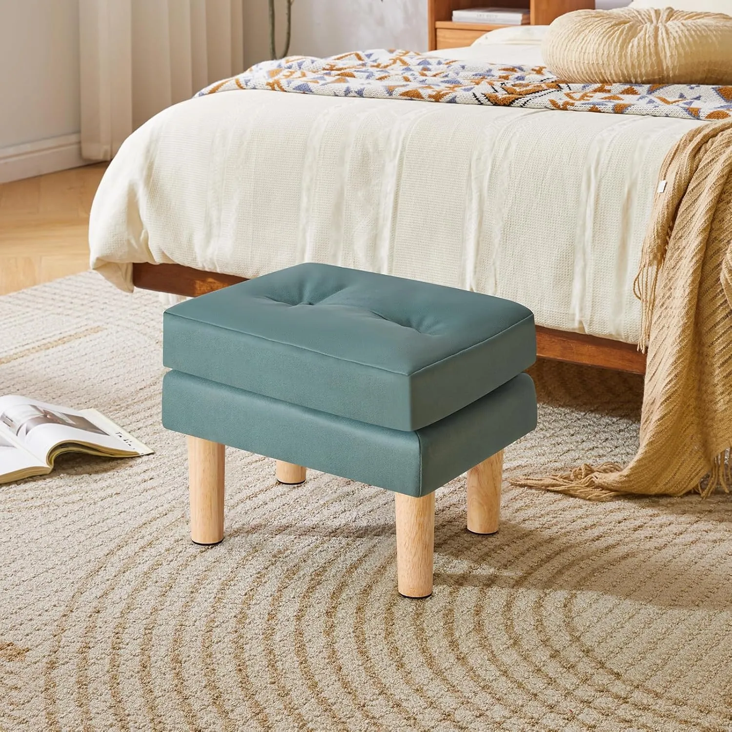 YMYNY Small Footstool Ottoman, Faux Leather Footrest with Sponge Padded Seat, Step Stool, Removable Soft Sofa Stool, Velcro Design, Modern Change Shoes Stool 16.34"D × 12.4"W×12.6"H Green UHBD041GR