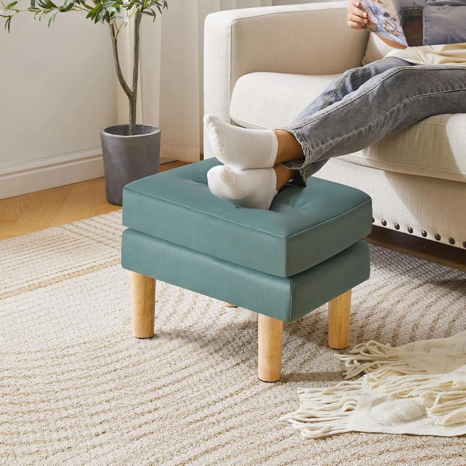 YMYNY Small Footstool Ottoman, Faux Leather Footrest with Sponge Padded Seat, Step Stool, Removable Soft Sofa Stool, Velcro Design, Modern Change Shoes Stool 16.34"D × 12.4"W×12.6"H Green UHBD041GR