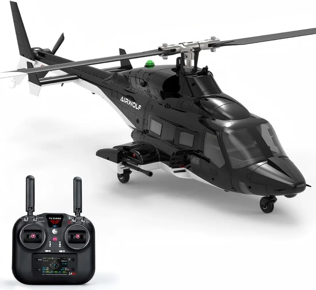 YUXIANG F02S 1:12 Scale 8CH GPS RC Helicopter – RTF Air-Wolf Replica with Dual Brushless Motors, Telemetry Transmitter, Optical Flow, Metal Servo, for Advanced Hobbyists—1 Battery