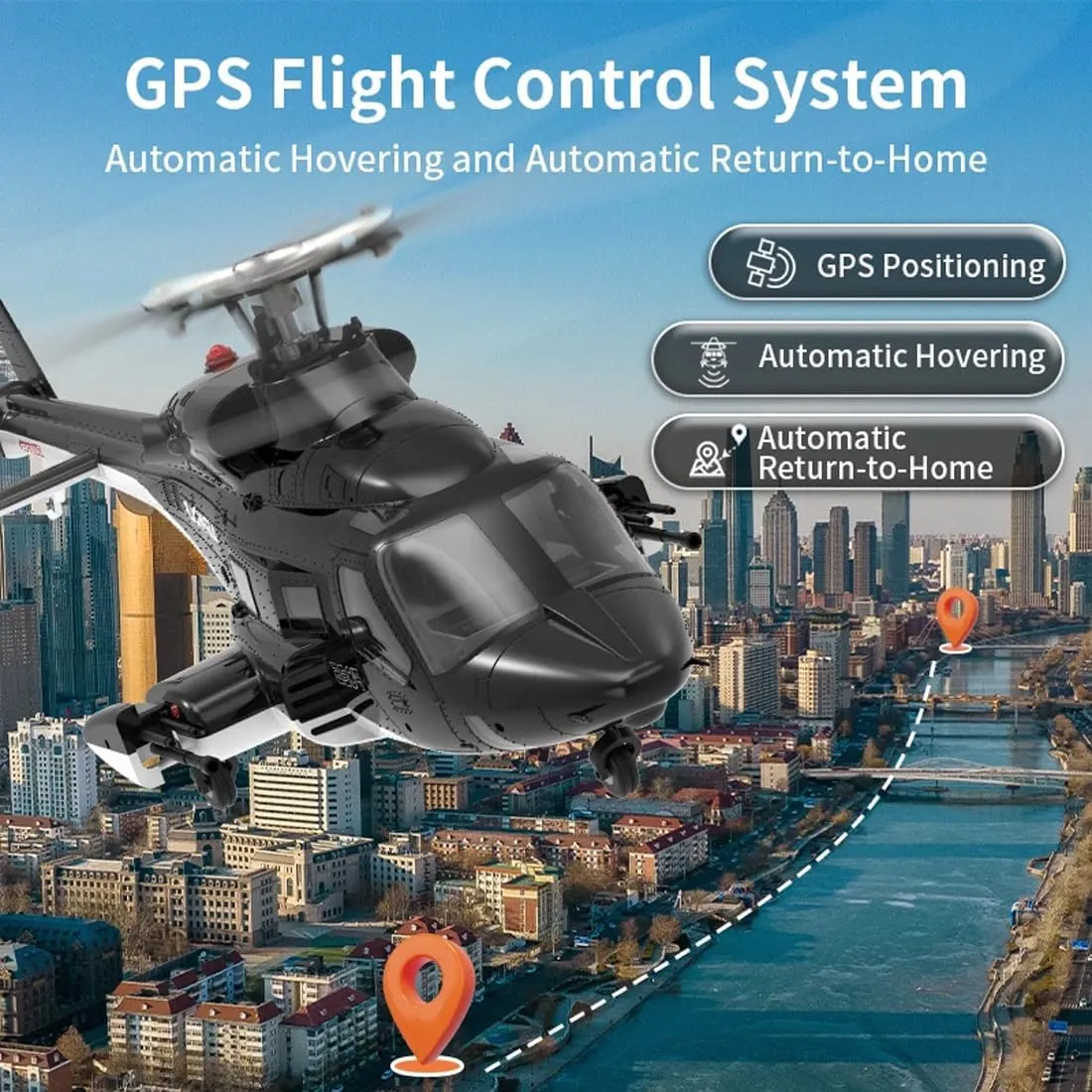 YUXIANG F02S 1:12 Scale 8CH GPS RC Helicopter – RTF Air-Wolf Replica with Dual Brushless Motors, Telemetry Transmitter, Optical Flow, Metal Servo, for Advanced Hobbyists—2 Batteries