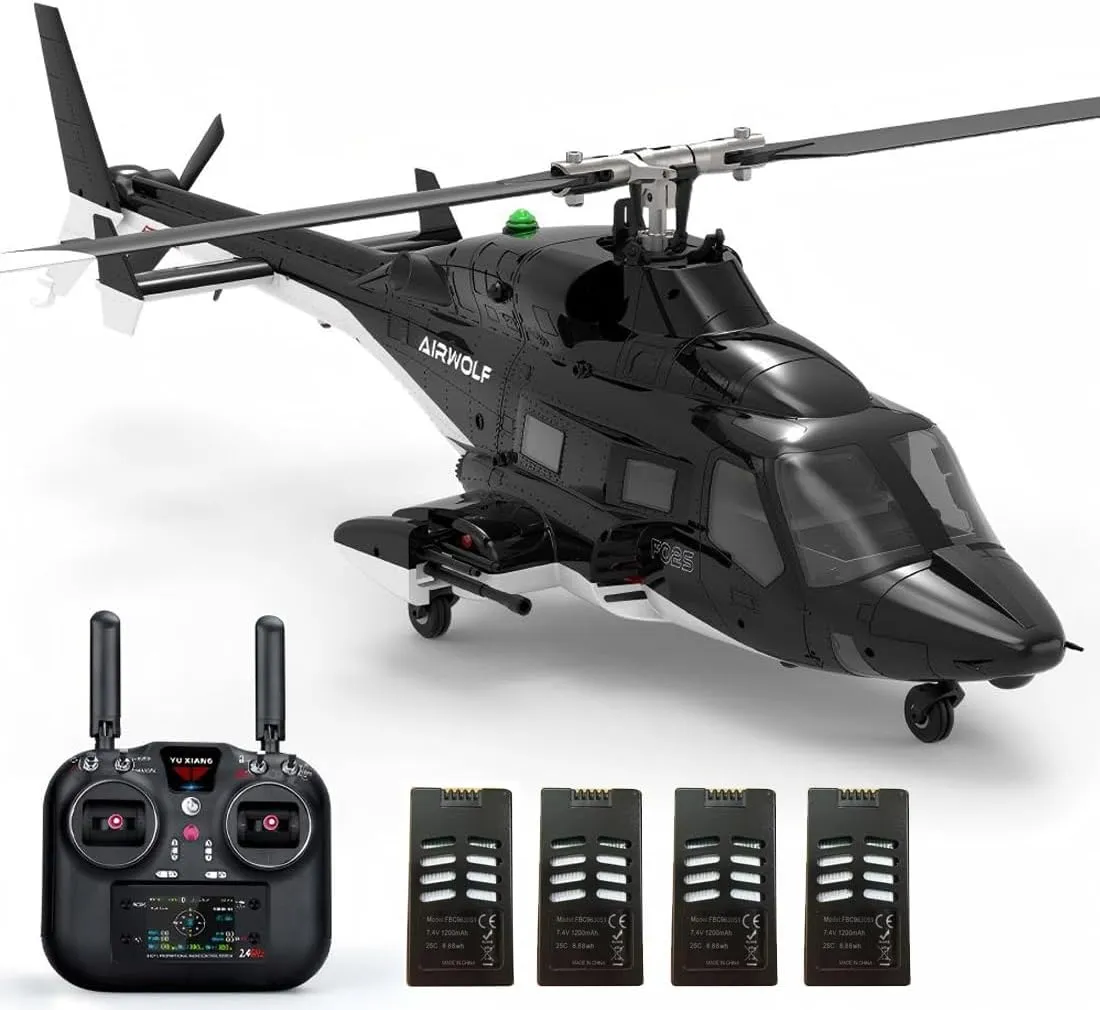 YUXIANG F02S 1:12 Scale 8CH GPS RC Helicopter – RTF Air-Wolf Replica with Dual Brushless Motors, Telemetry Transmitter, Optical Flow, Metal Servo, for Advanced Hobbyists—4 Batteries