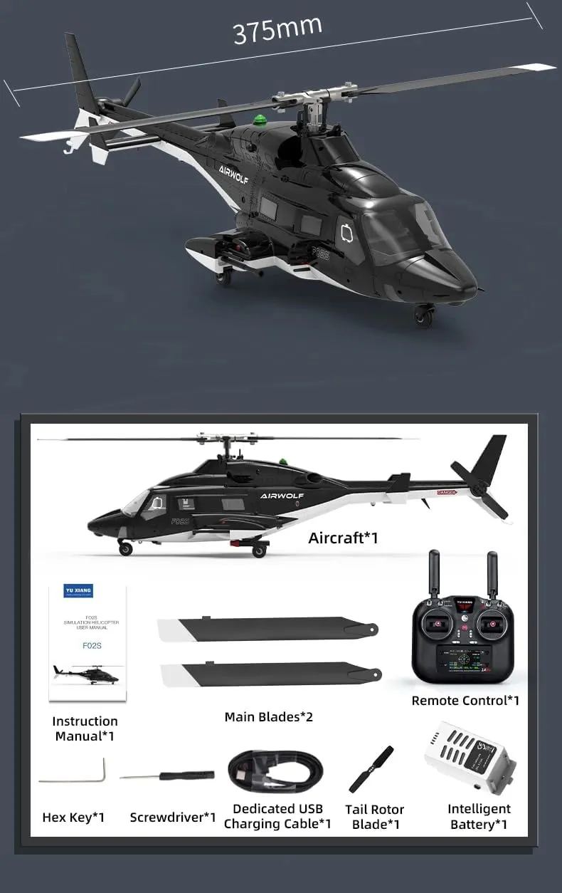 YUXIANG F02S FlyWolf RC Helicopter for Adult, 1/34 Scale 8CH High Precision Remote Control Helicopter, 3D/6G Flybarless Aircraft Model with Lidar & Optical Flow Positioning - 2 Battery