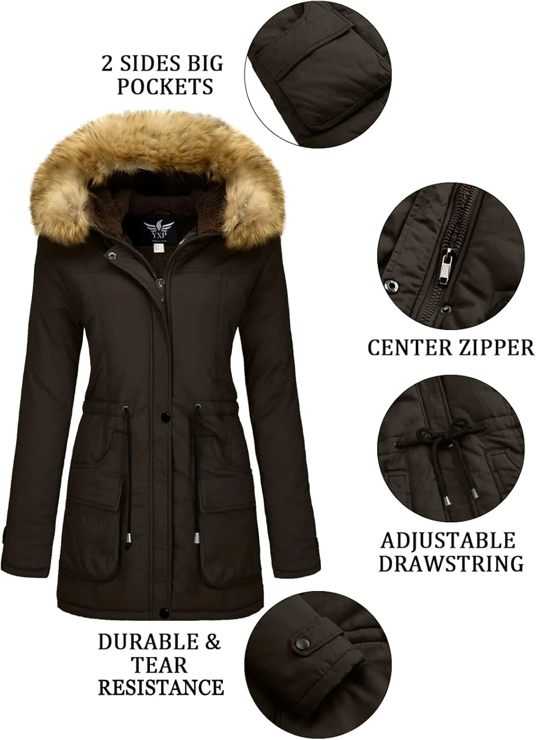 YXP Women's Winter Thicken Military Parka Jacket Warm Fleece Cotton Coat with Fur Hood